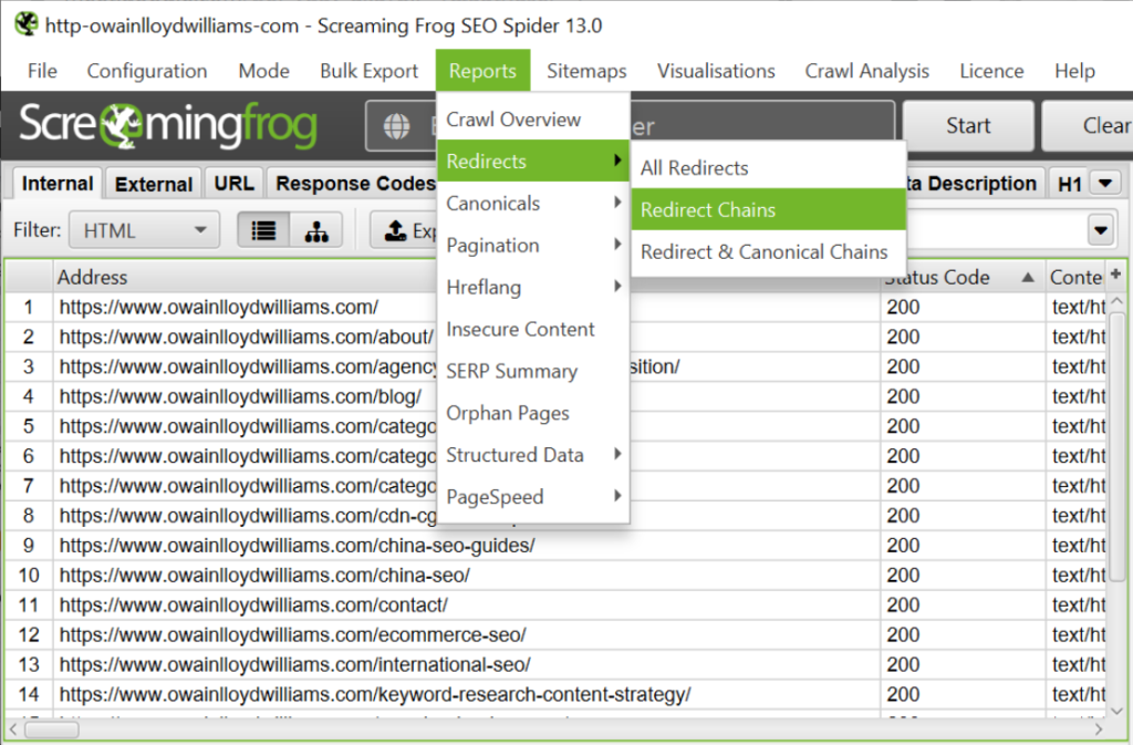 screaming frog redirect chain report