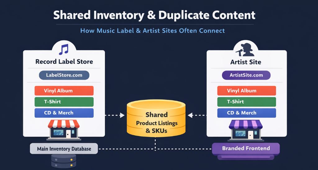 image showing shared inventory and duplicate content of an artist and record label ecommerce store set-up